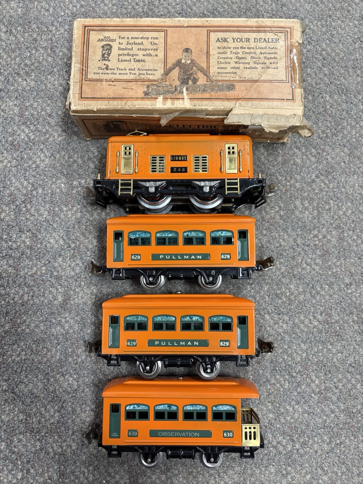 + Lionel Prewar O Tinplate 248 Orange Electric Locomotive 3 Car Passenger Set