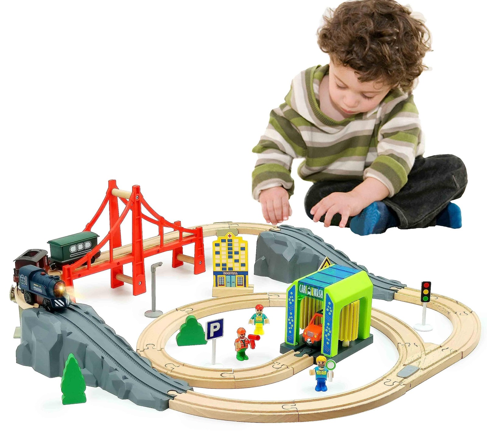 Battery Operated Train for Wooden Track, 3Pcs Motorized Small, Deep Blue