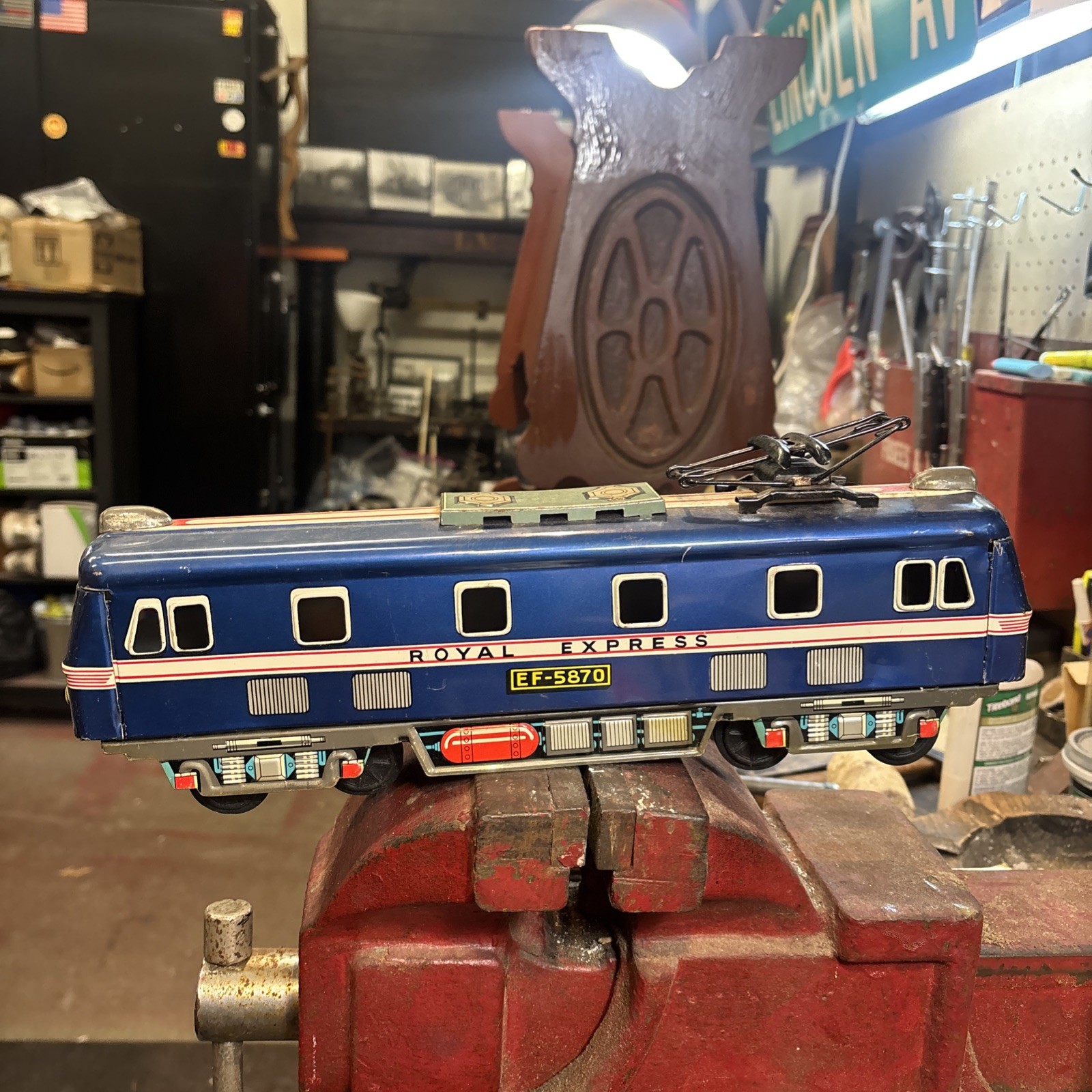 1950’s Blue TIN LOCOMOTIVE EXPRESS E.F 5870 14 In. Street Car