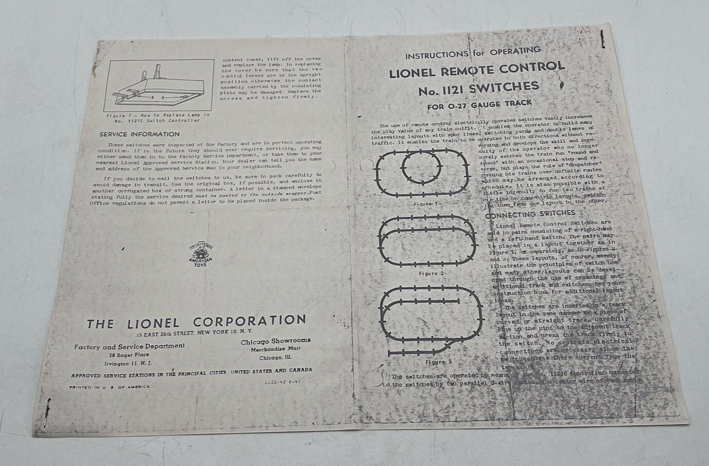 Lionel Instructions Operating Remote Control #1121 Switches for 0-27 Gauge Copy
