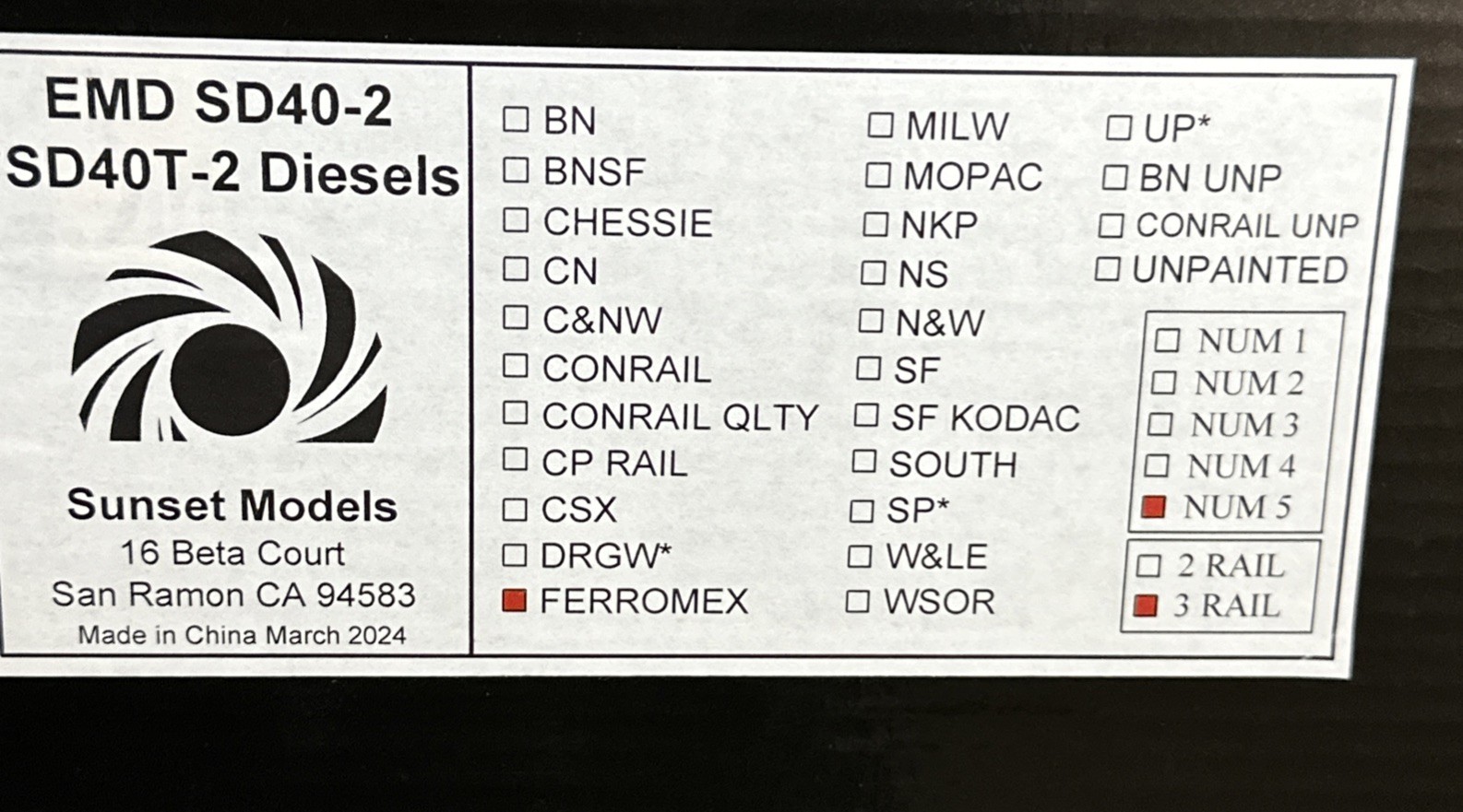 3rd Rail Sunset Models FERROMEX EMD SD40T-2 DIESEL LOCOMOTIVE O-Scale 3-Rail