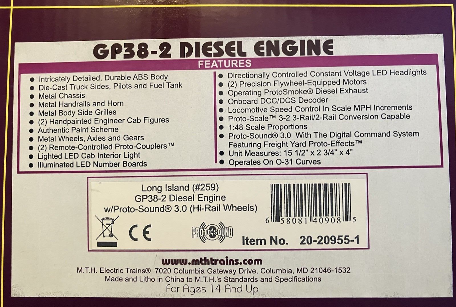 MTH Premier Long Island Railroad LIRR GP38-2 #259 With ProtoSound 3.0