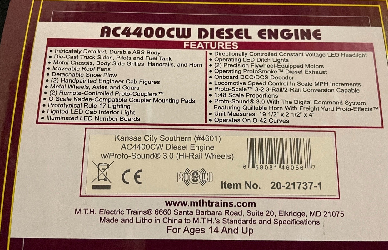 MTH PREMIER KANSAS CITY SOUTHERN AC4400CW DIESEL ENGINE PS3! 20-21737-1 KCS