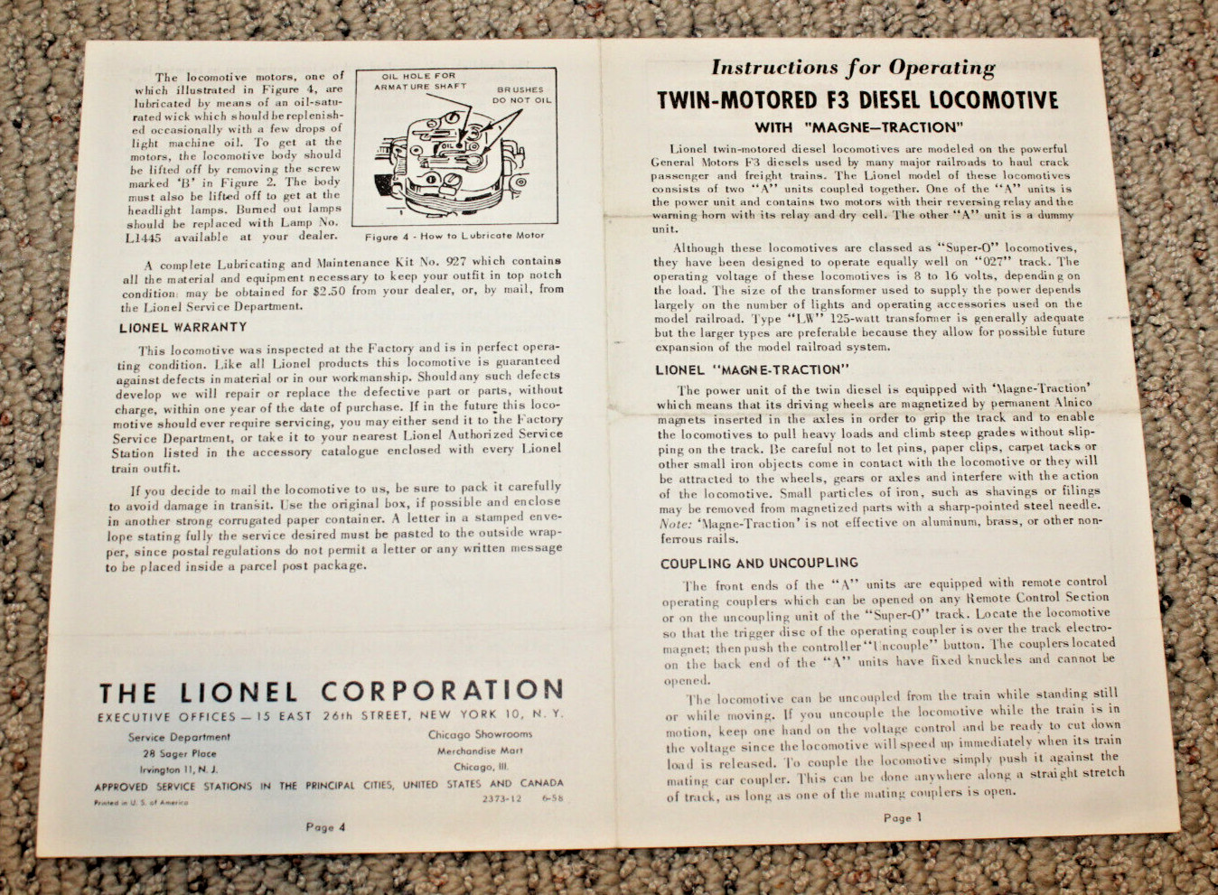 Lionel Postwar #2373 F3 Instruction Sheet #2373-12 6-58 Nice Black Printing