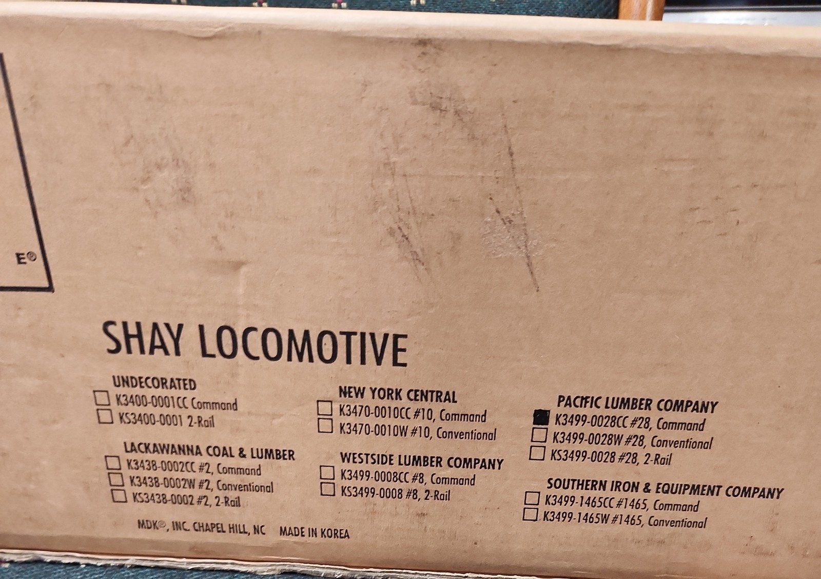 K-line K3499-0028CC Pacific Lumber Shay Locomotive #28 W/ TMCC LN/Box