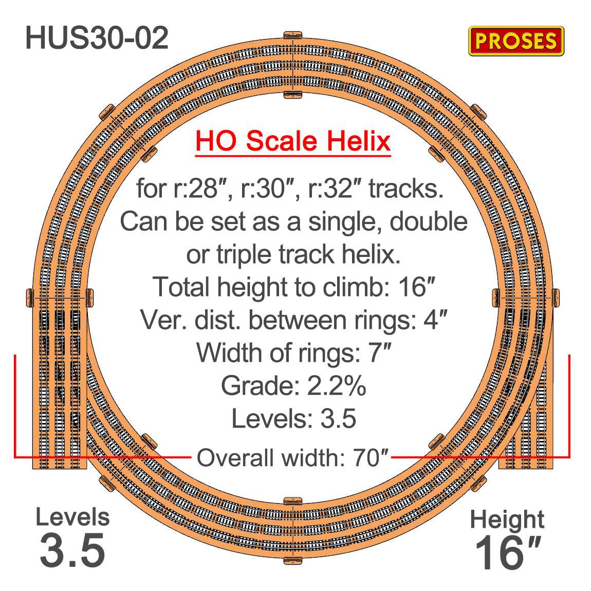 HUS30-02 16″ Fixed Height, 3.5 Level Helix For R:28″ – R:30″ – R:32″ Tracks