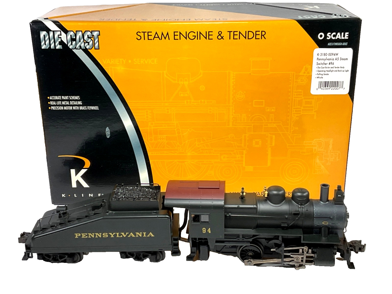 K-Line K3180-0094W, Pennsylvania A5 Steam Switcher, 1:48, #94, w/Shipping box