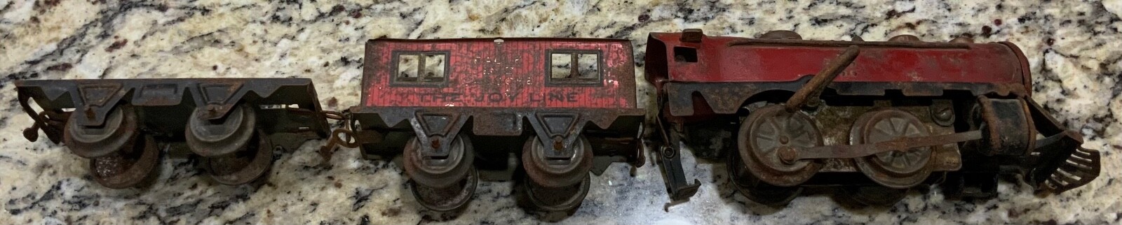 Marx O Gauge Joy Line Red Wind Up Locomotive Boxcar & Eagle Eye Caboose Pre War