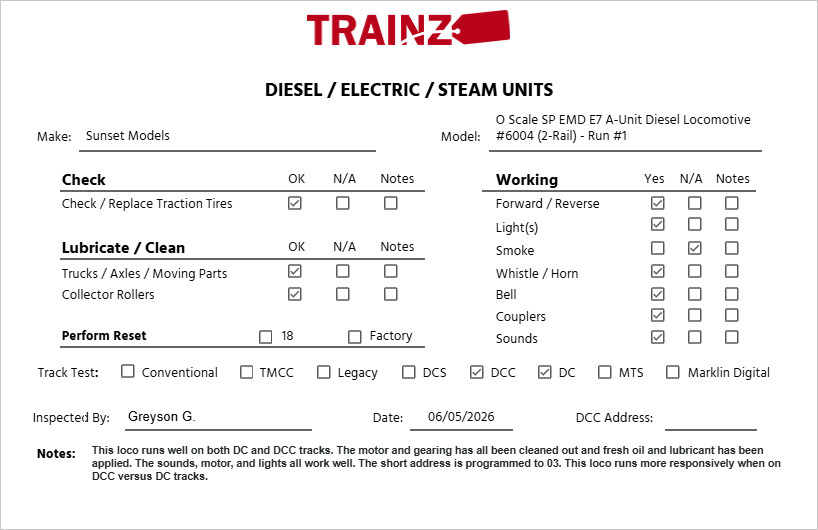 Sunset Models O Scale SP EMD E7 A-Unit Diesel Locomotive #6004 (2-Rail) – Run #1