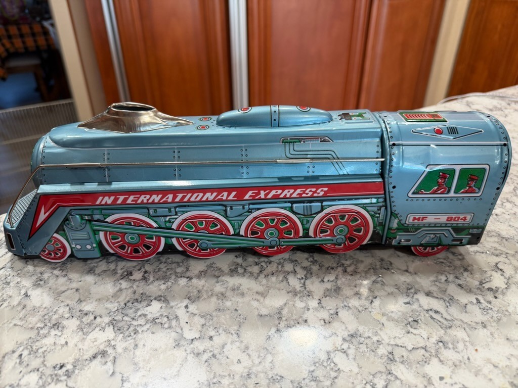 Vtg Friction Train Toy, Lrg Scale MF804 International Express W/Box & Instruct