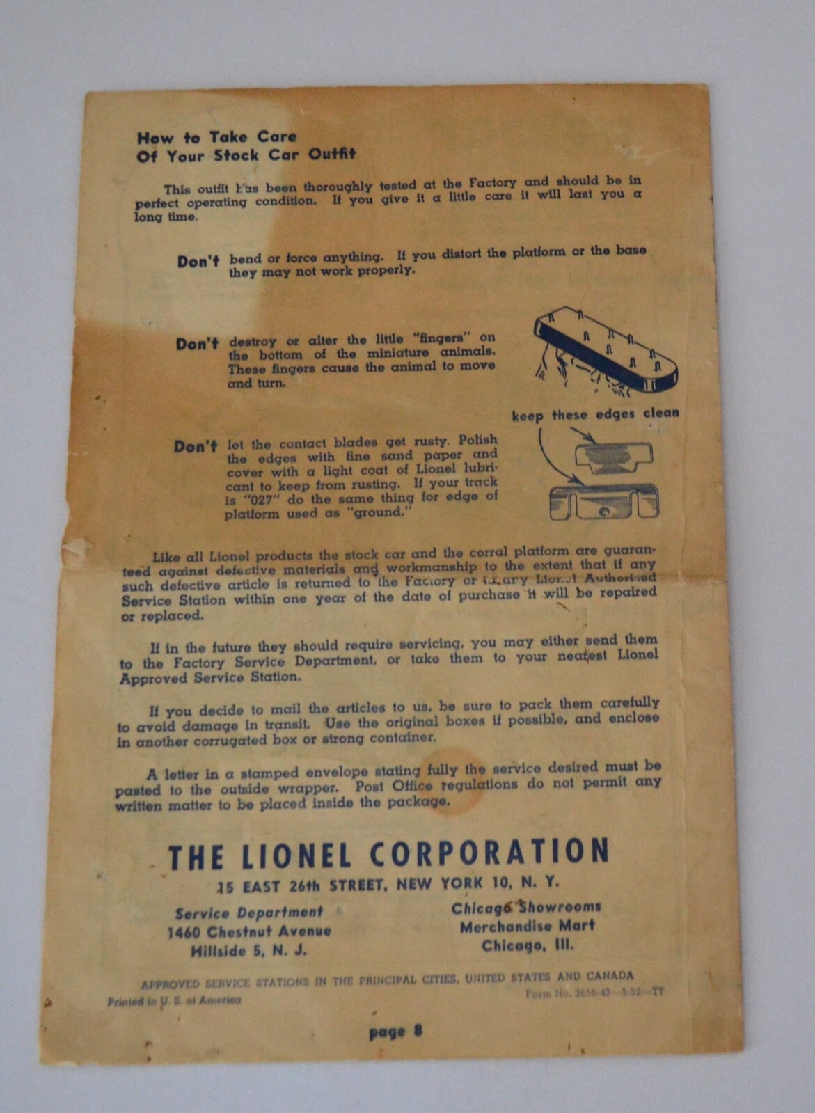 VTG 1952 Lionel 3656 Stock Car Outfit Instructions Sheet No. 4656-43-5-52-TT