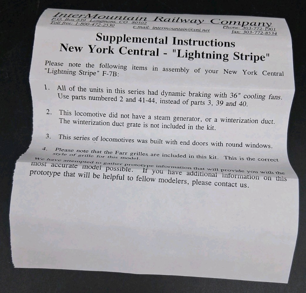 Intermountain Railway F-7B HO Gauge 44501-04 NYC Lightning Stripe Shell Kit 2442