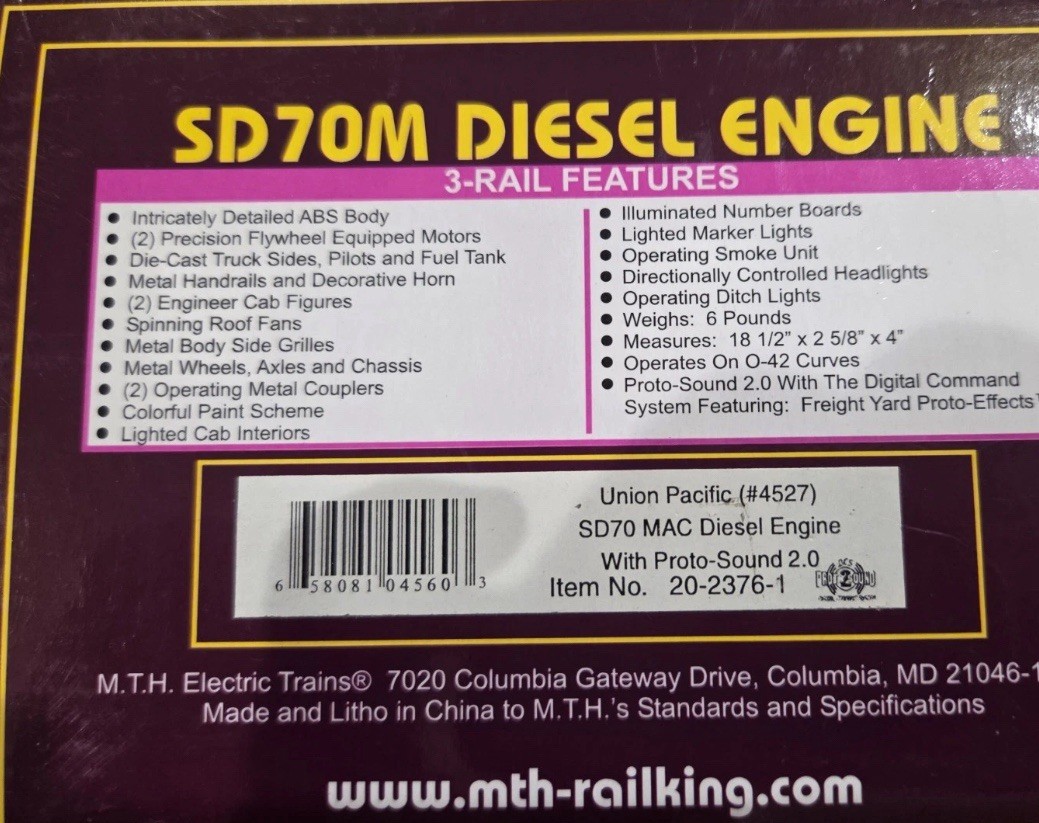 MTH PREMIER UNION PACIFIC SD70M DIESEL ENGINE PS2! 20-2376-1 O SCALE USA FLAG