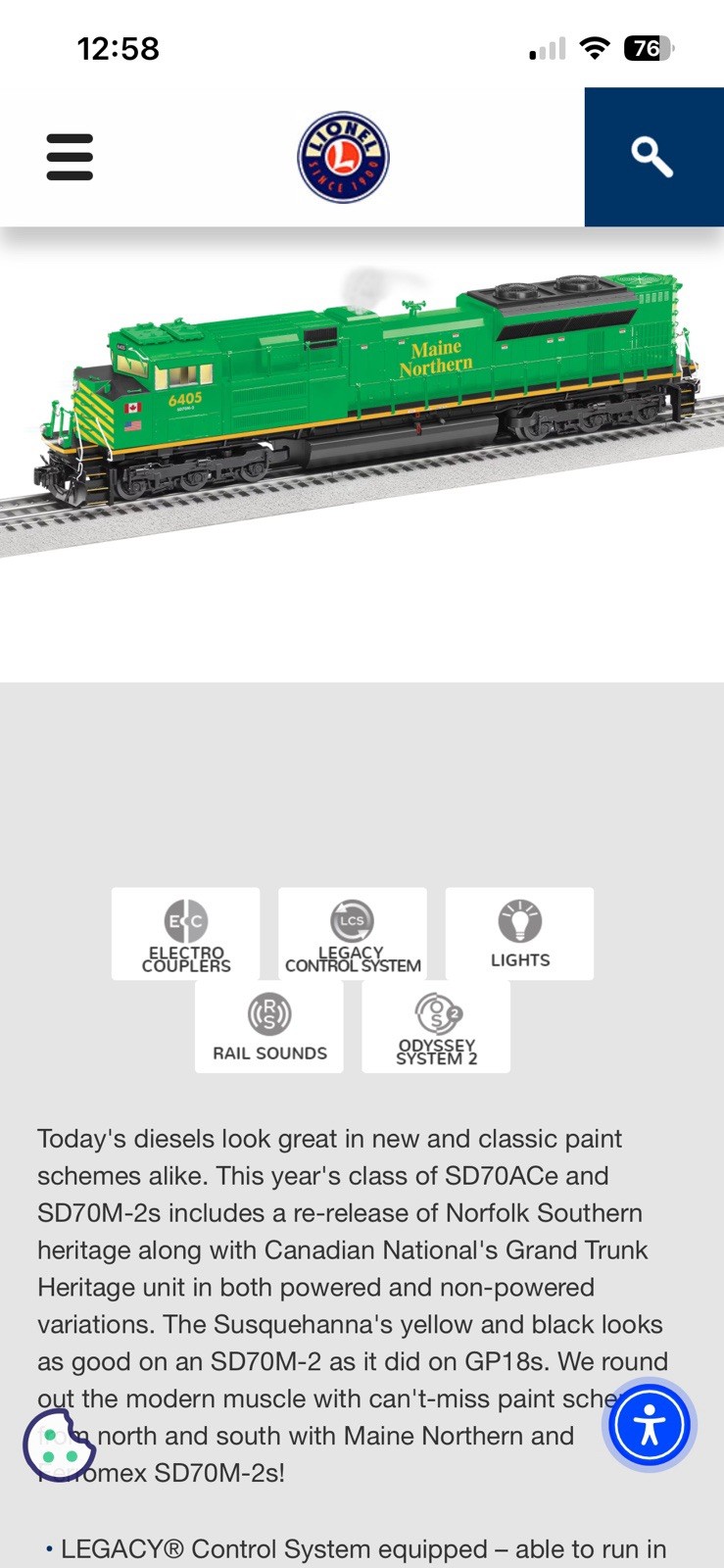 LIONEL BTO MAINE NORTHERN LEGACY SD70M-2 #6405 DIESEL ENGINE O GAUGE 2533191 NEW