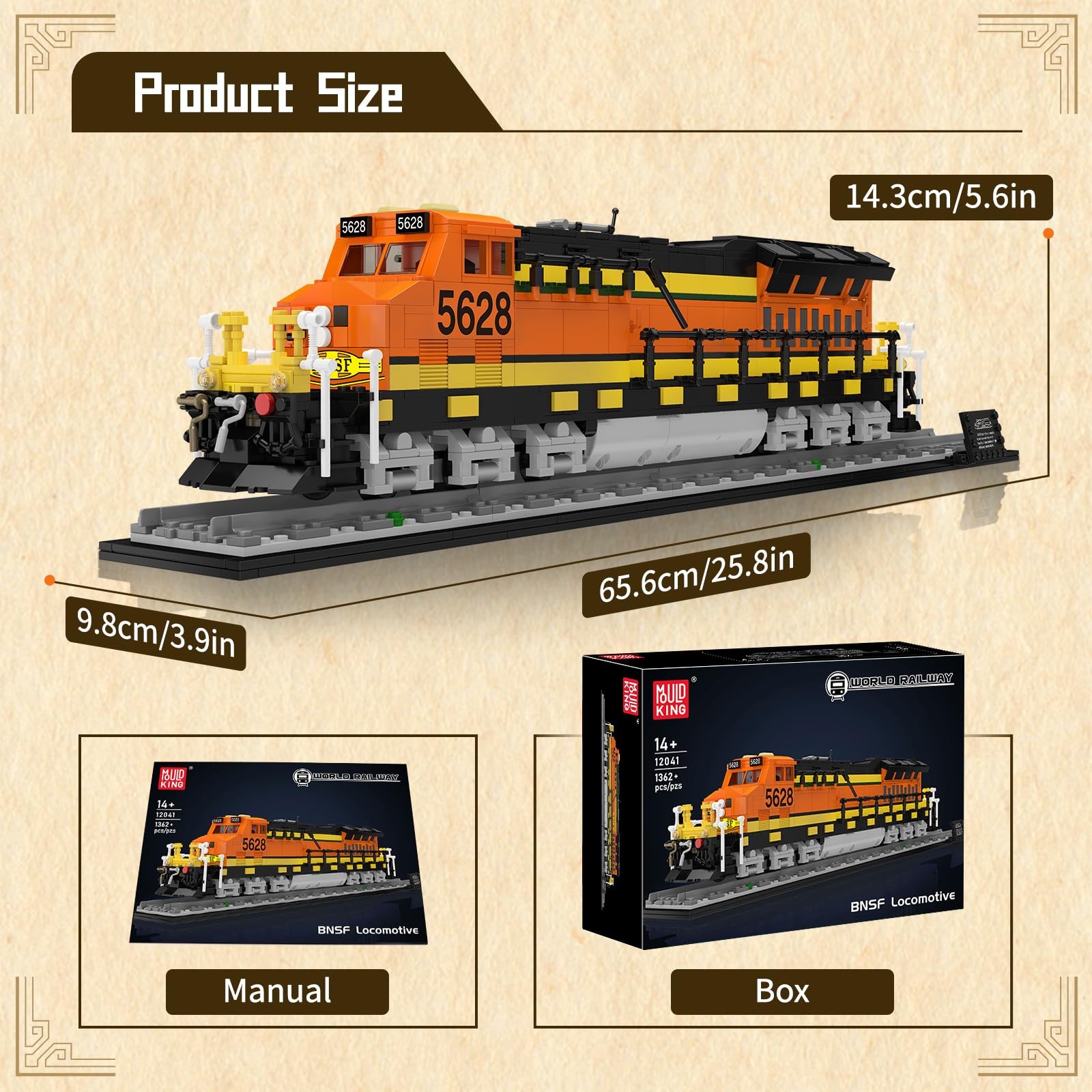 Mould King Northern Locomotive Train Building Set with Base, Large, Orange