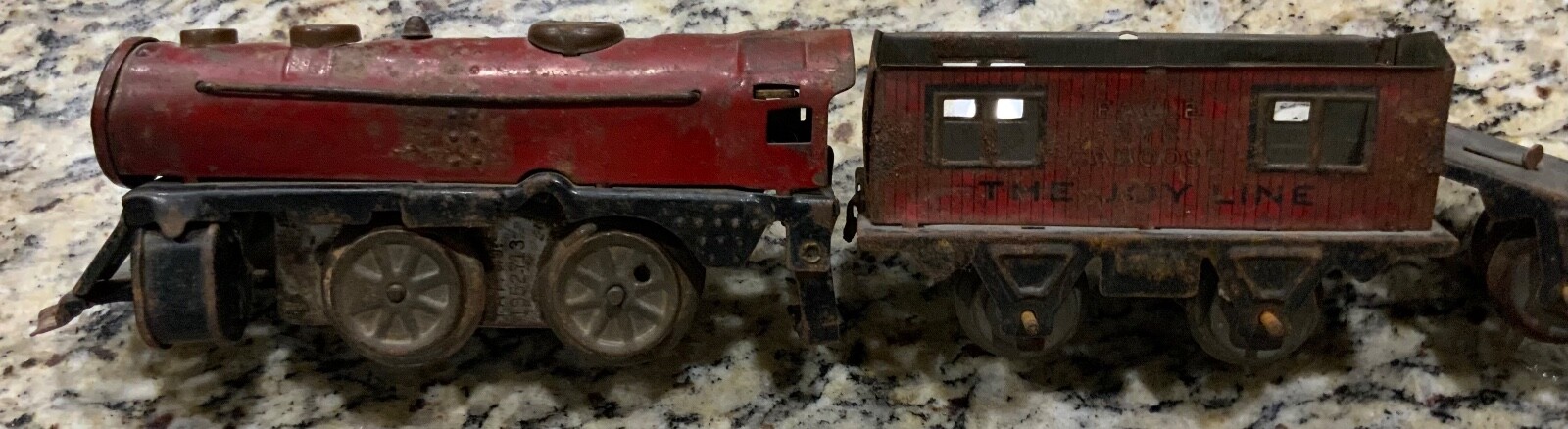 Marx O Gauge Joy Line Red Wind Up Locomotive Boxcar & Eagle Eye Caboose Pre War