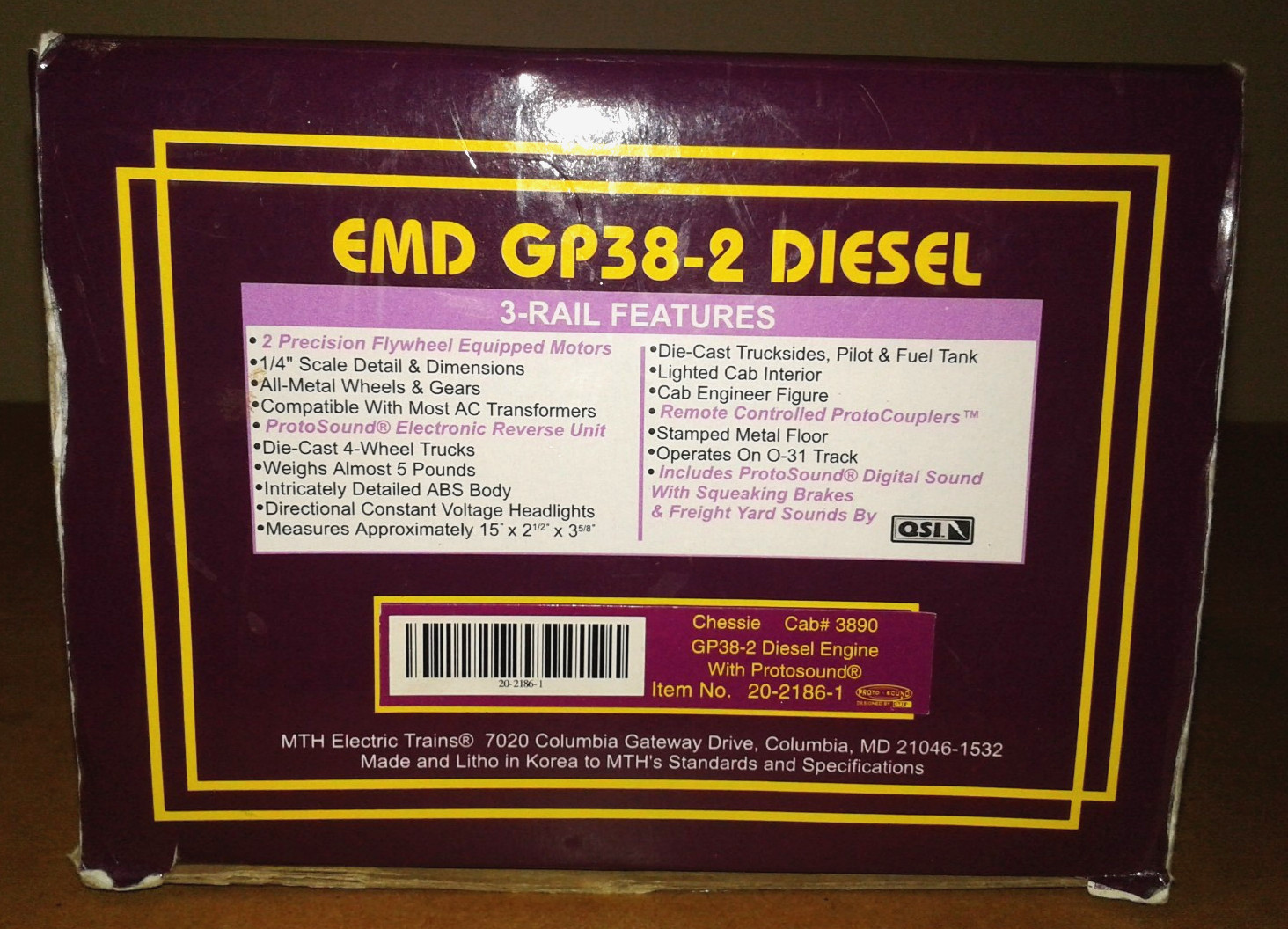 O 3-RAIL MTH EMD GP38-2 CHESSIE SYSTEM C&O #3890 20-2186-1 PROTOSOUND