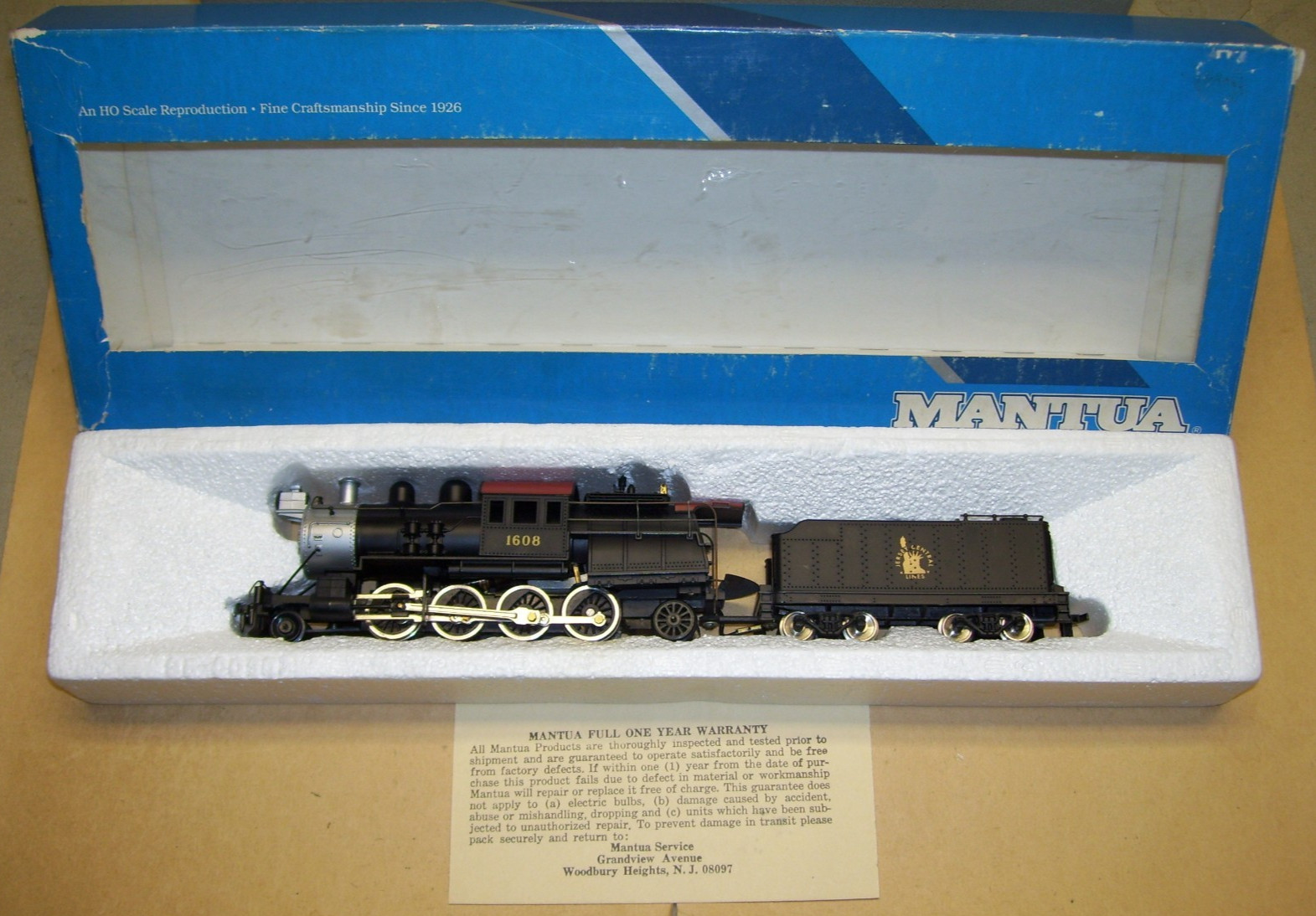 Mantua HO Jersey Central 2-8-2 “Camelback” Locomotive #1608, Excellent In Box