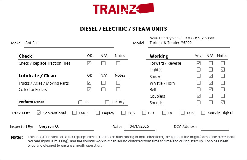 3rd Rail 6200 Pennsylvania RR 6-8-6 S-2 Steam Turbine & Tender #6200 EX/Box