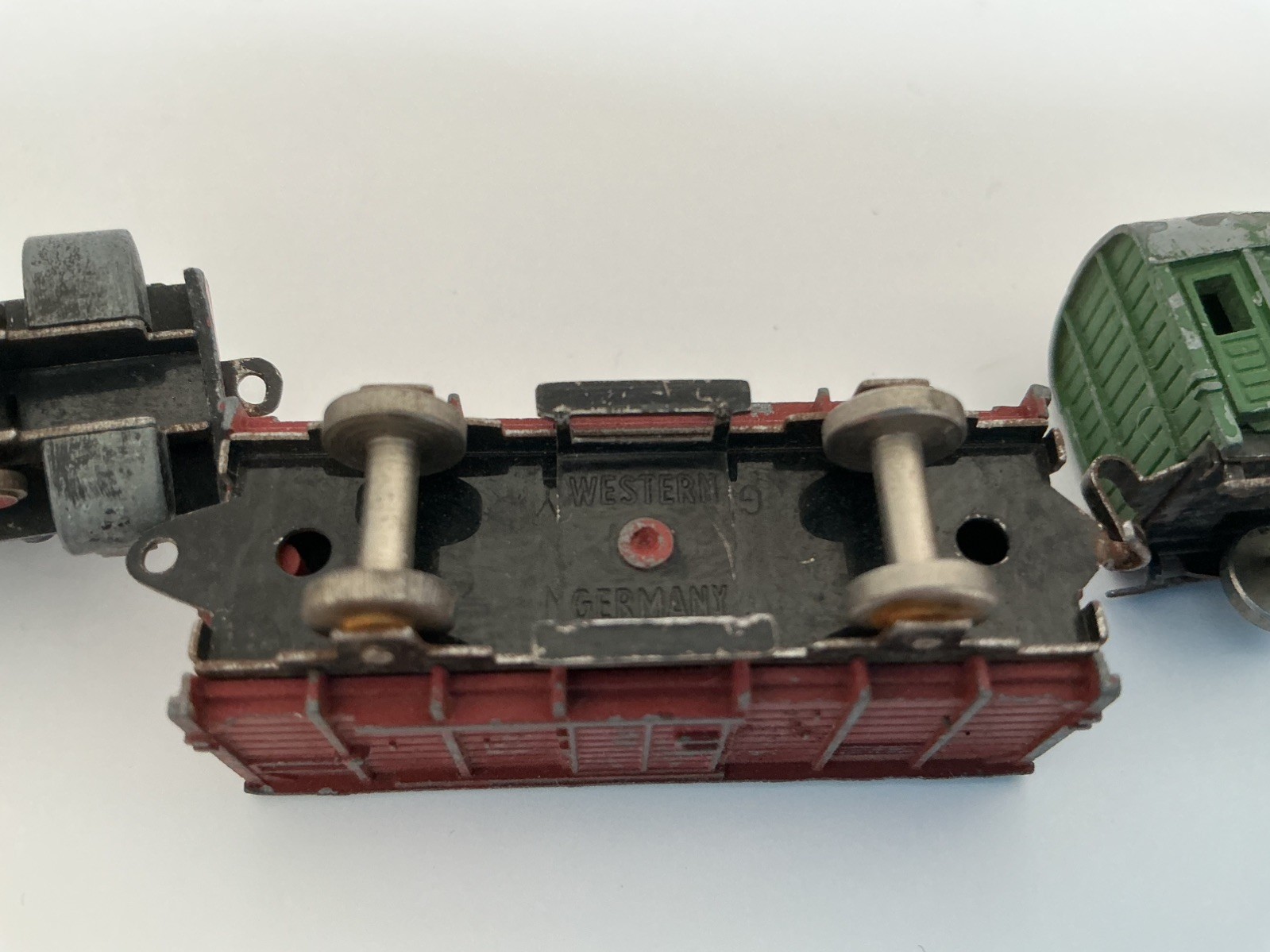 Small Vintage Train Engine, Brown Freight Van, Green Brake van – Western Germany
