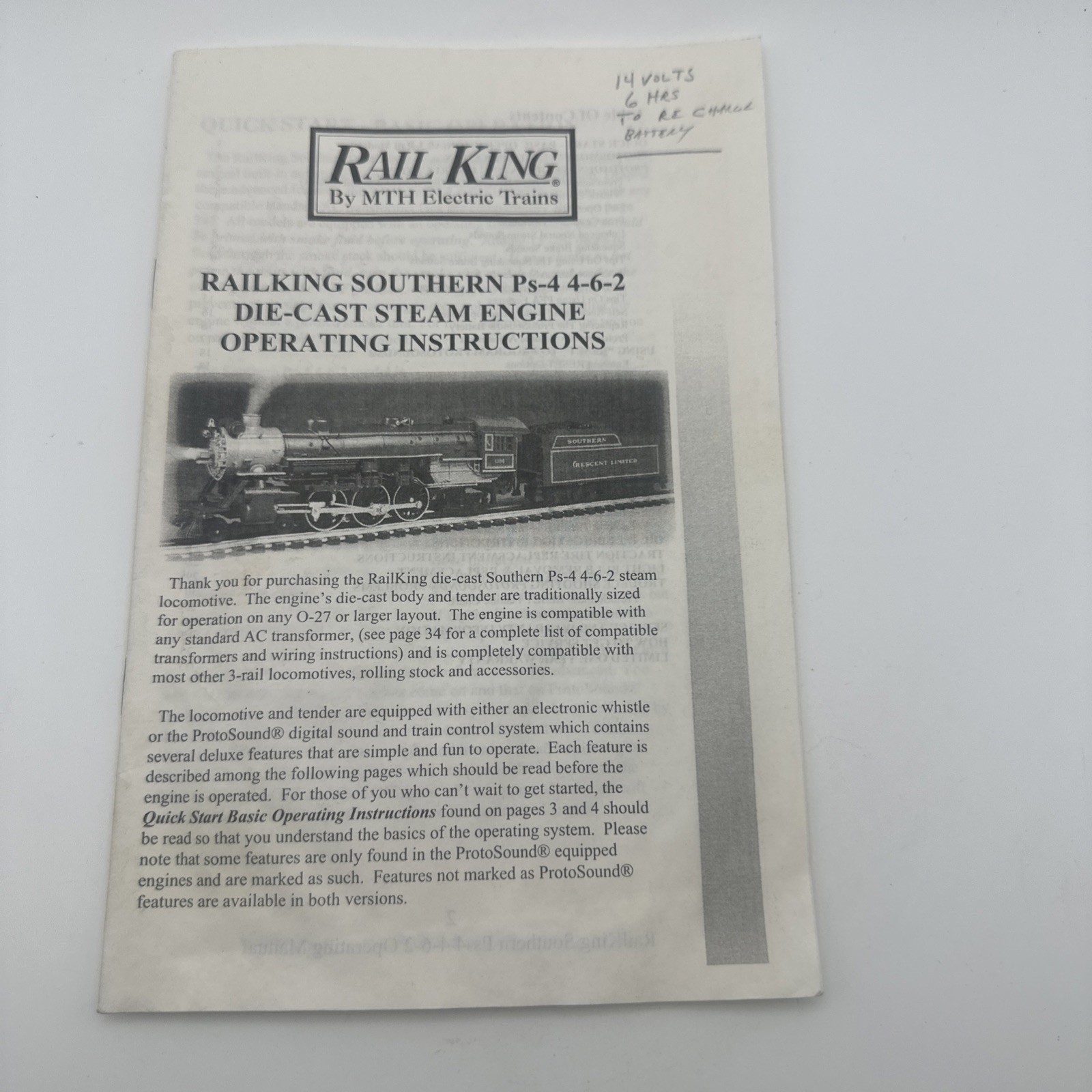 MTH Rail King Southern PS-4 4-6-2 Steam Engine Operating Instructions Manual