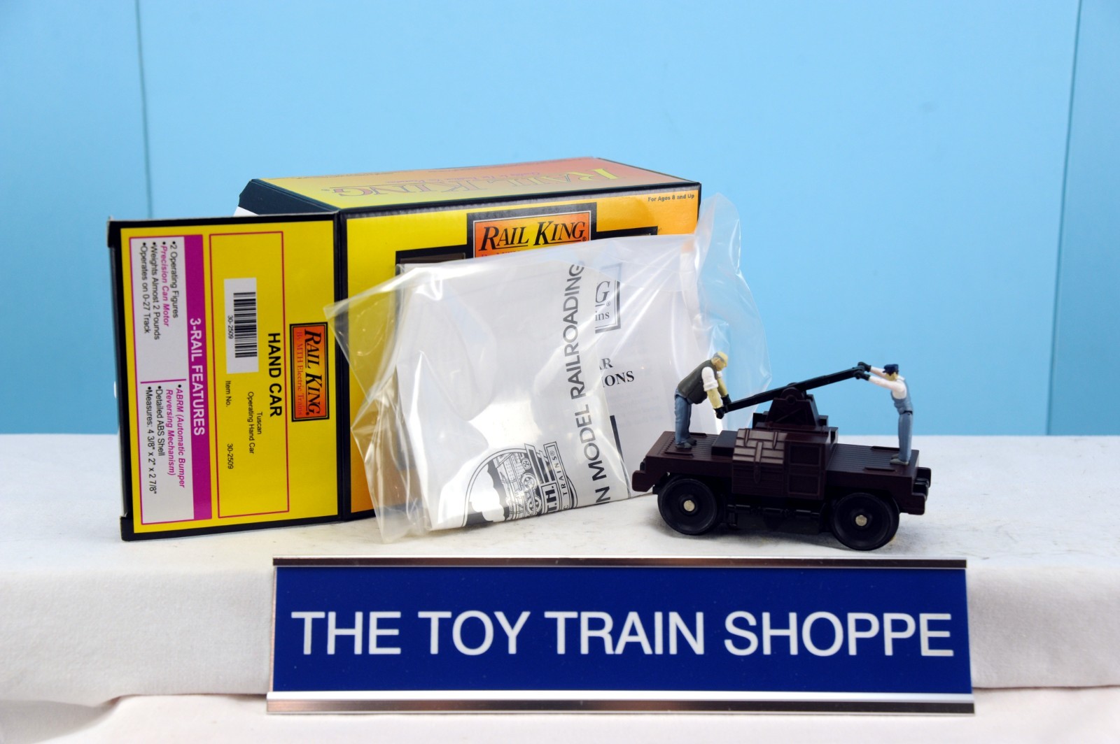 MTH RAIL KING 2509 TUSCAN RED OPERATING HAND CAR. O/O-27. TESTED. EXC COND IB.