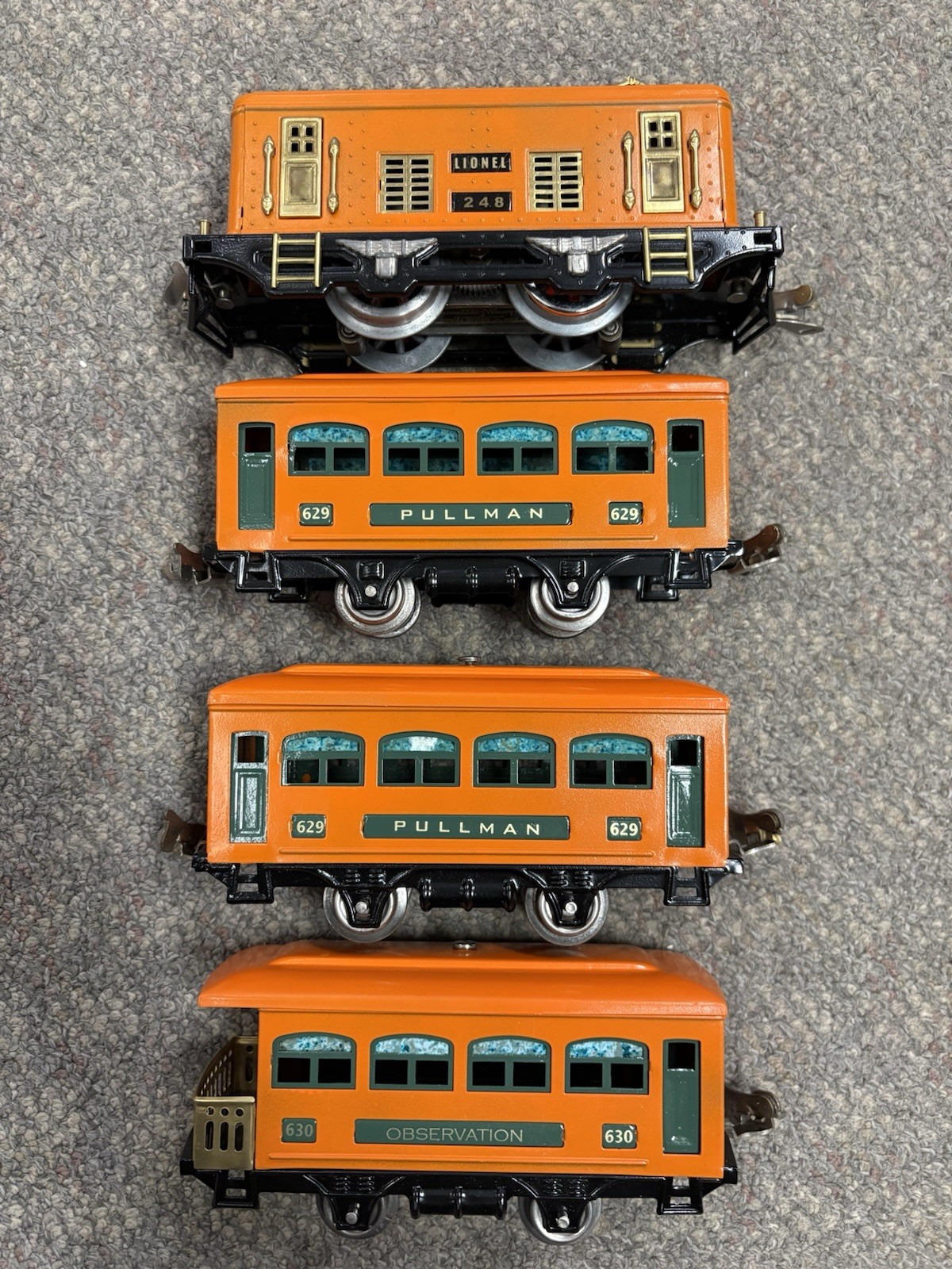 + Lionel Prewar O Tinplate 248 Orange Electric Locomotive 3 Car Passenger Set