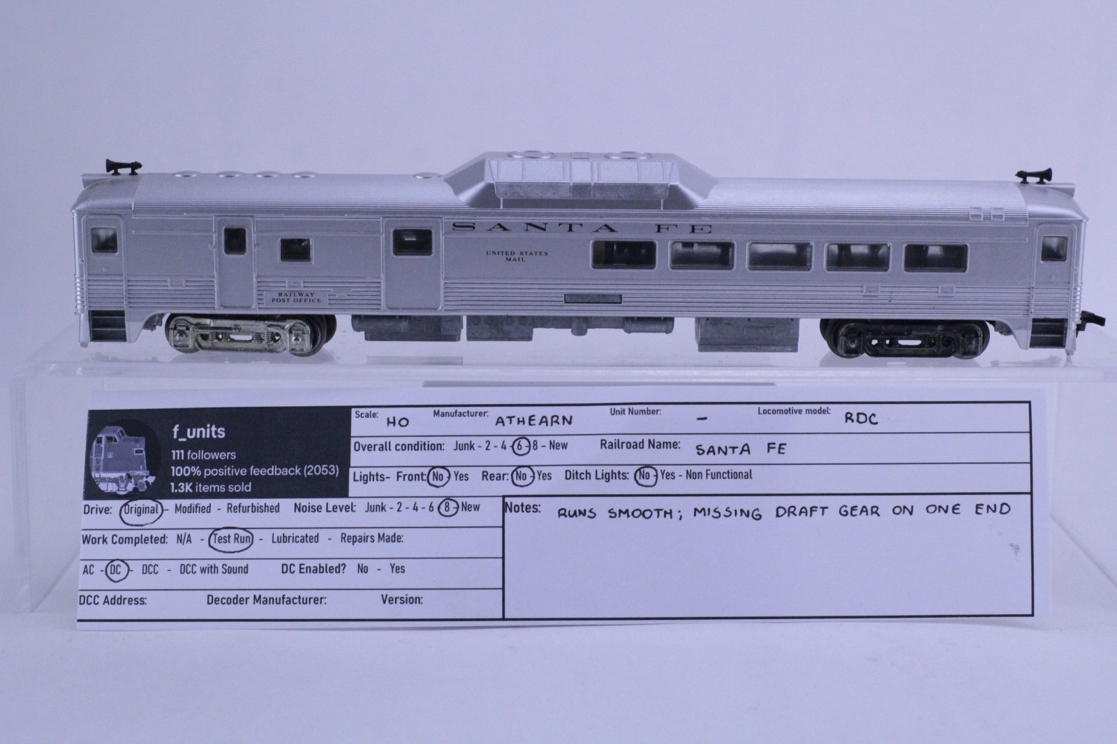 Athearn HO Scale Santa Fe US Mail Car RDC-3 Baggage RPO DC Powered Locomotive