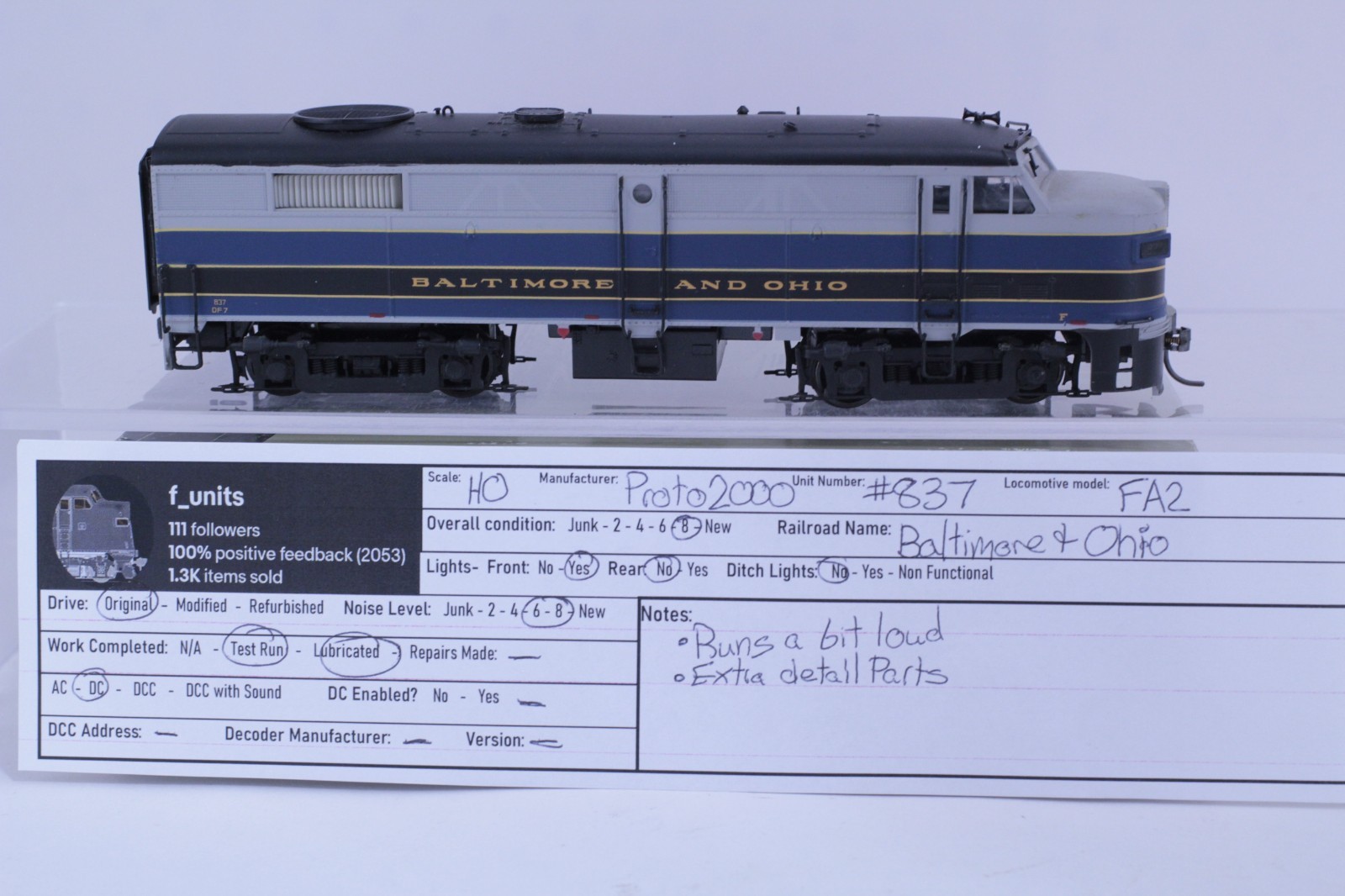 Proto 2000 HO Scale Baltimore and Ohio B&O #837 ALCo FA2 DC Powered NEW GEARS