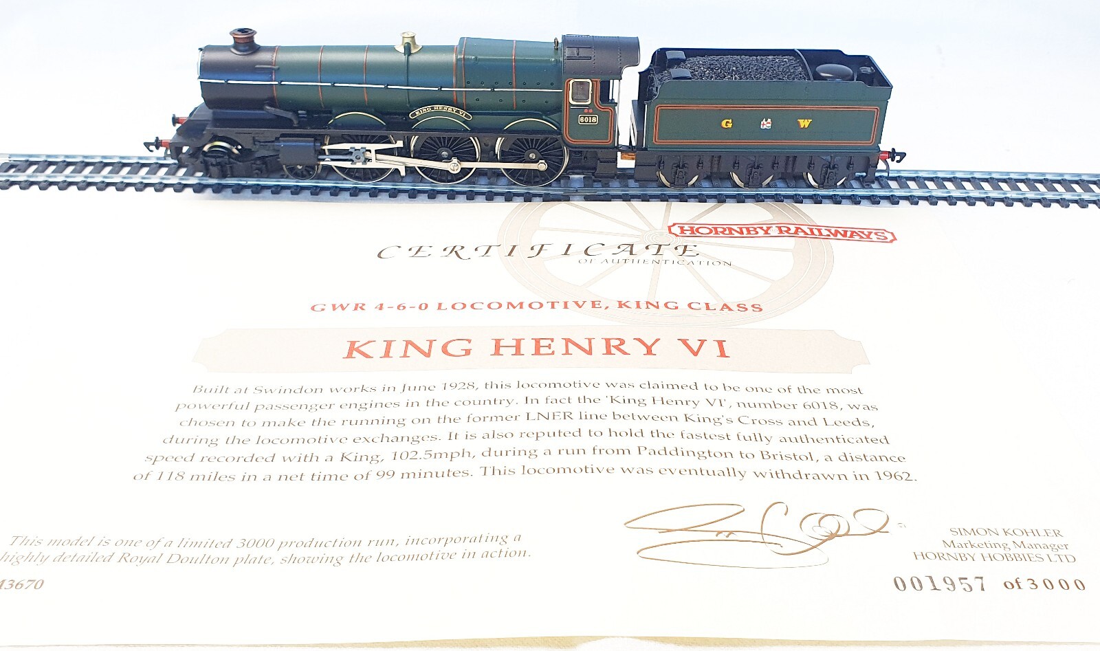 Hornby OO HO British GW King Class “HENRY VI” Steam Locomotive ROYAL DOULTON MIB