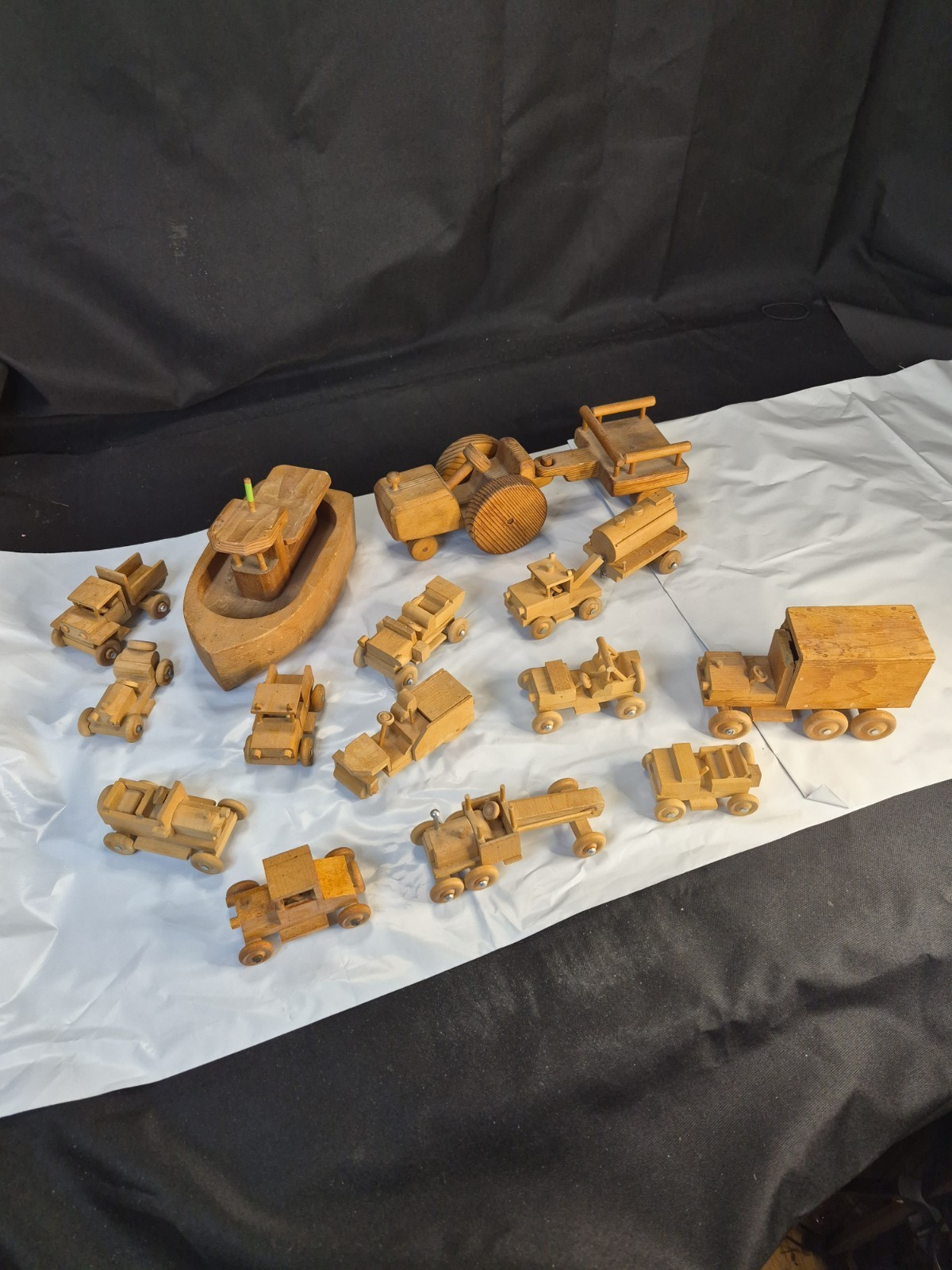 Lot Of 15 Vintage Wooden Construction Trucks Tow Truck Boat Tractor Many More