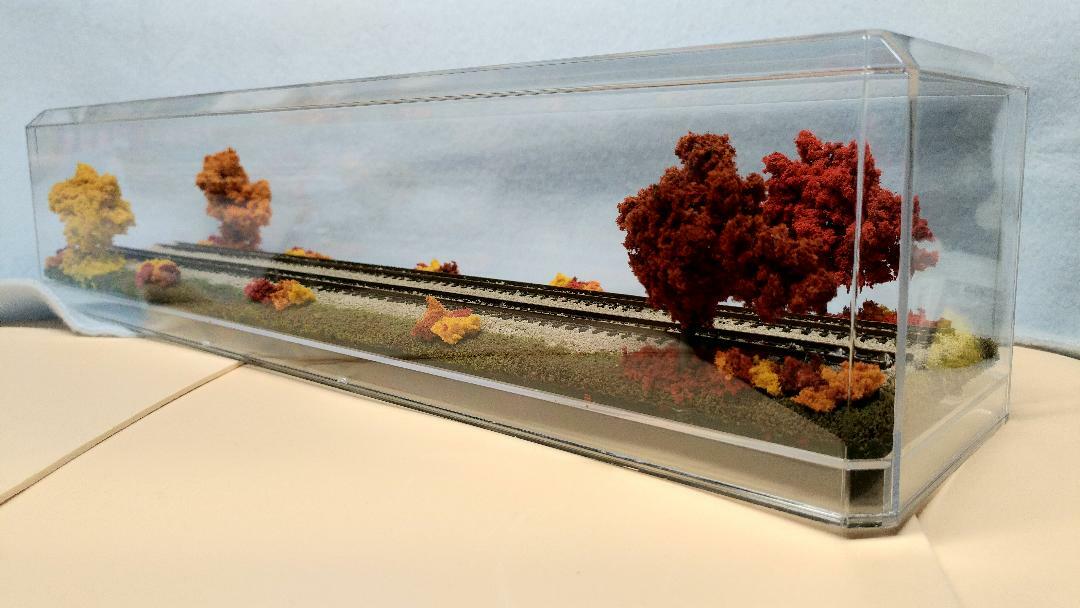 N SCALE 16″ DOUBLETRACK TRAIN DISPLAY CASE -FALL FOLIAGE SCENE -FOR N TRAINS