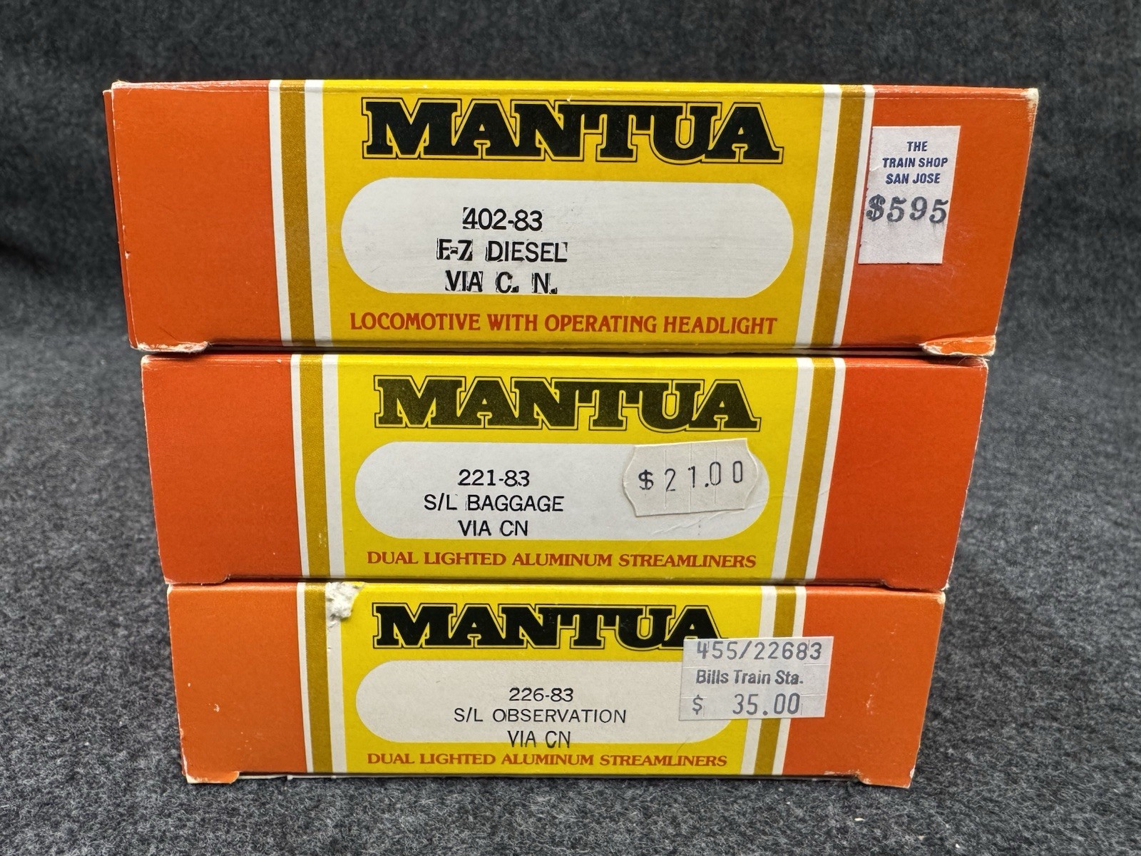 MANTUA HO VIA F7 Diesel Locomotive Baggage & Observation Car Canadian National