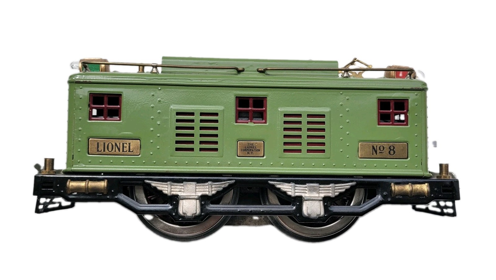 + Lionel Prewar Standard Gauge Tinplate No. 8 Olive Green Electric Engine