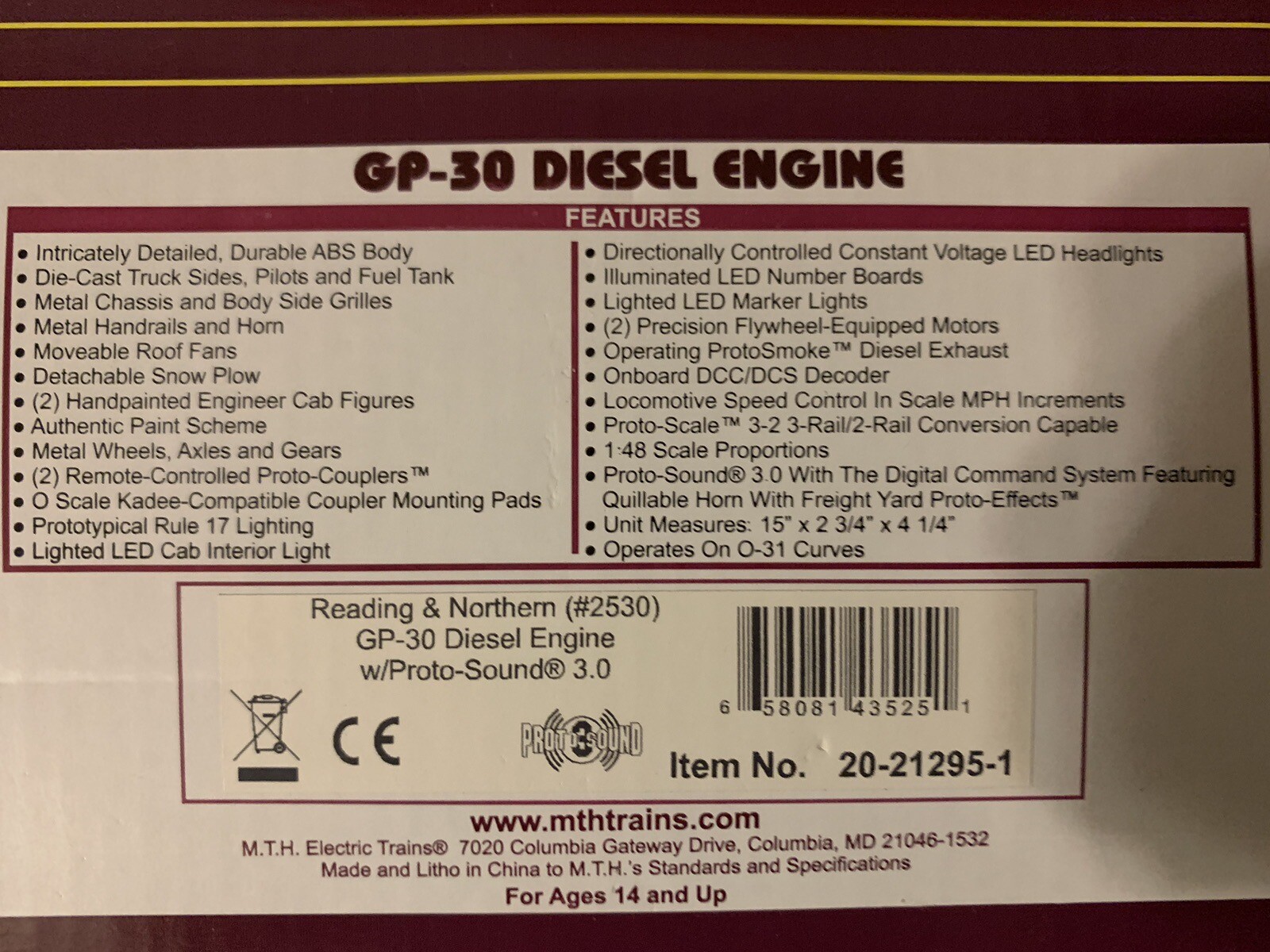 MTH PREMIER READING & NORTHERN GP-30 DIESEL ENGINE PS3! 20-21295-1 O SCALE
