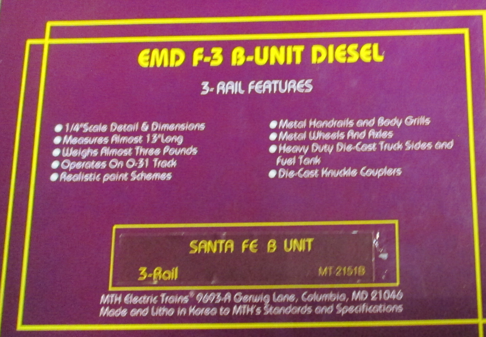MTH MT-2151 B, SANTA FE F-3 B-UNIT DIESEL, NIB