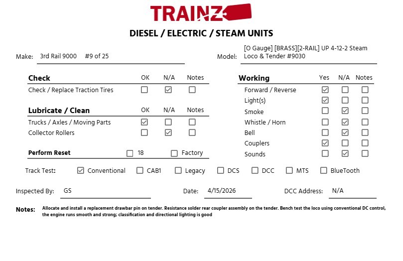 3rd Rail 9000 O BRASS UP 4-12-2 Steam Loco & Tender #9030 (2-Rail) LN