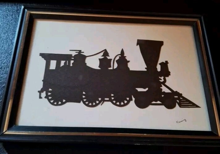 Signed 5 x 7 Vintage Cut Paper Silhouette Railroad Locomotive Train Steam Engine