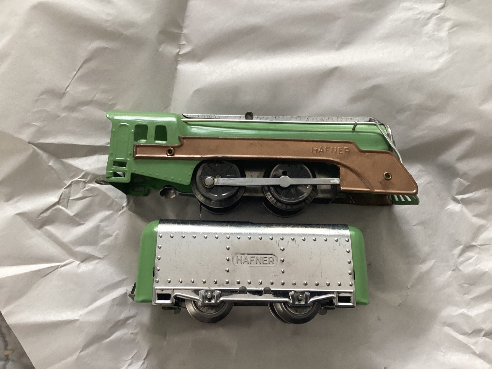 Restored Prewar Green & Chrome Hafner Steam Engine & Tender from 1940s