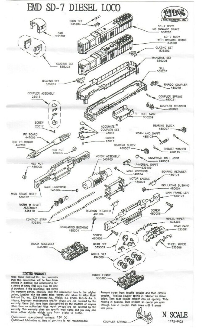 N Atlas-Kato 53601 EMD SD 7 Undecorated Locomotive (Tested) rapido cplrs