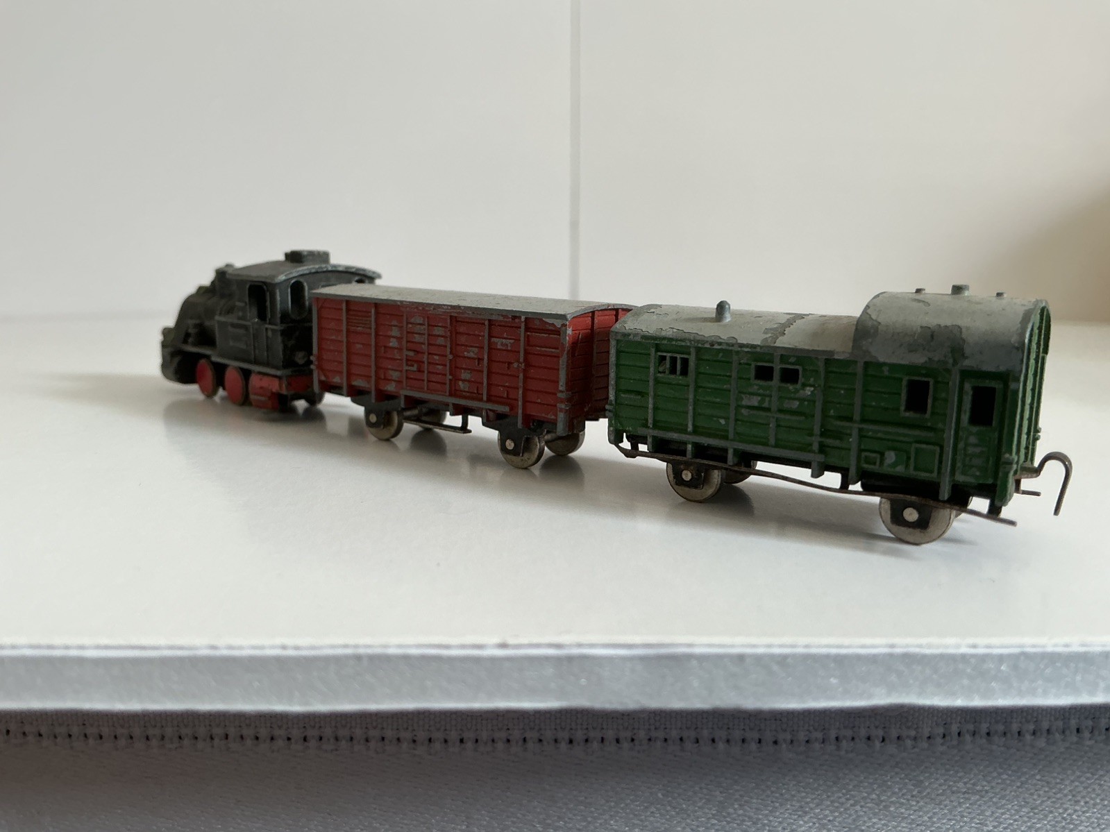 Small Vintage Train Engine, Brown Freight Van, Green Brake van – Western Germany