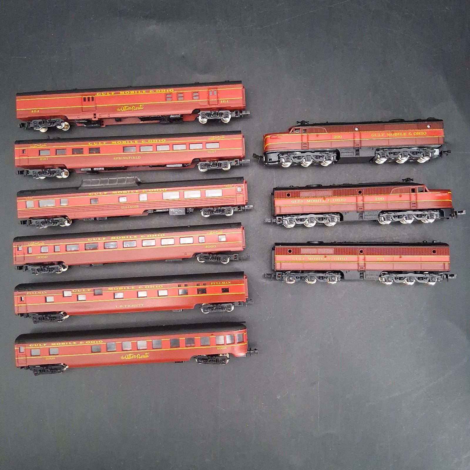 Con-Cor N Scale GM&O ALTON ROUTE & REBEL Set 3 PA Locos AAB & 6 Passenger Cars