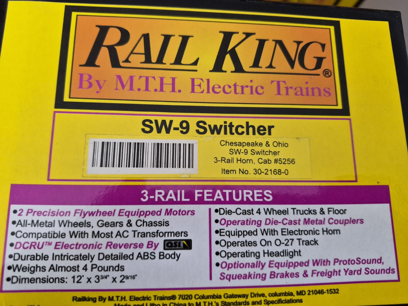 MTH RK #30-2168 B & O SW=9 SWITCHER #5256 DUAL MTRS NOT PROTO VG BX