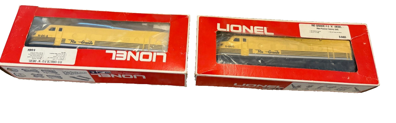 LIONEL O-GAUGE 6-8464 & 6-8465 RIO GRANDE F3 AA DIESEL LOCOMOTIVE SET IN OB
