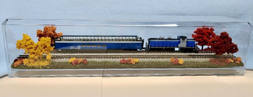 N SCALE 16″ DOUBLETRACK TRAIN DISPLAY CASE -FALL FOLIAGE SCENE -FOR N TRAINS