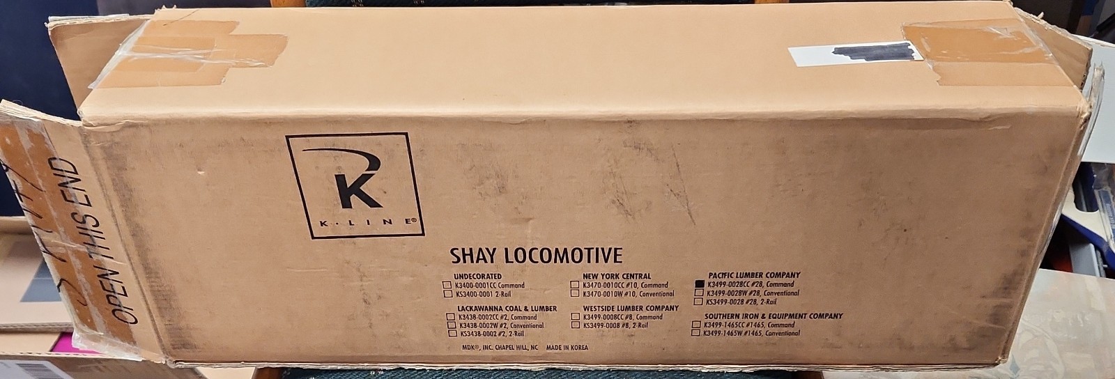 K-line K3499-0028CC Pacific Lumber Shay Locomotive #28 W/ TMCC LN/Box