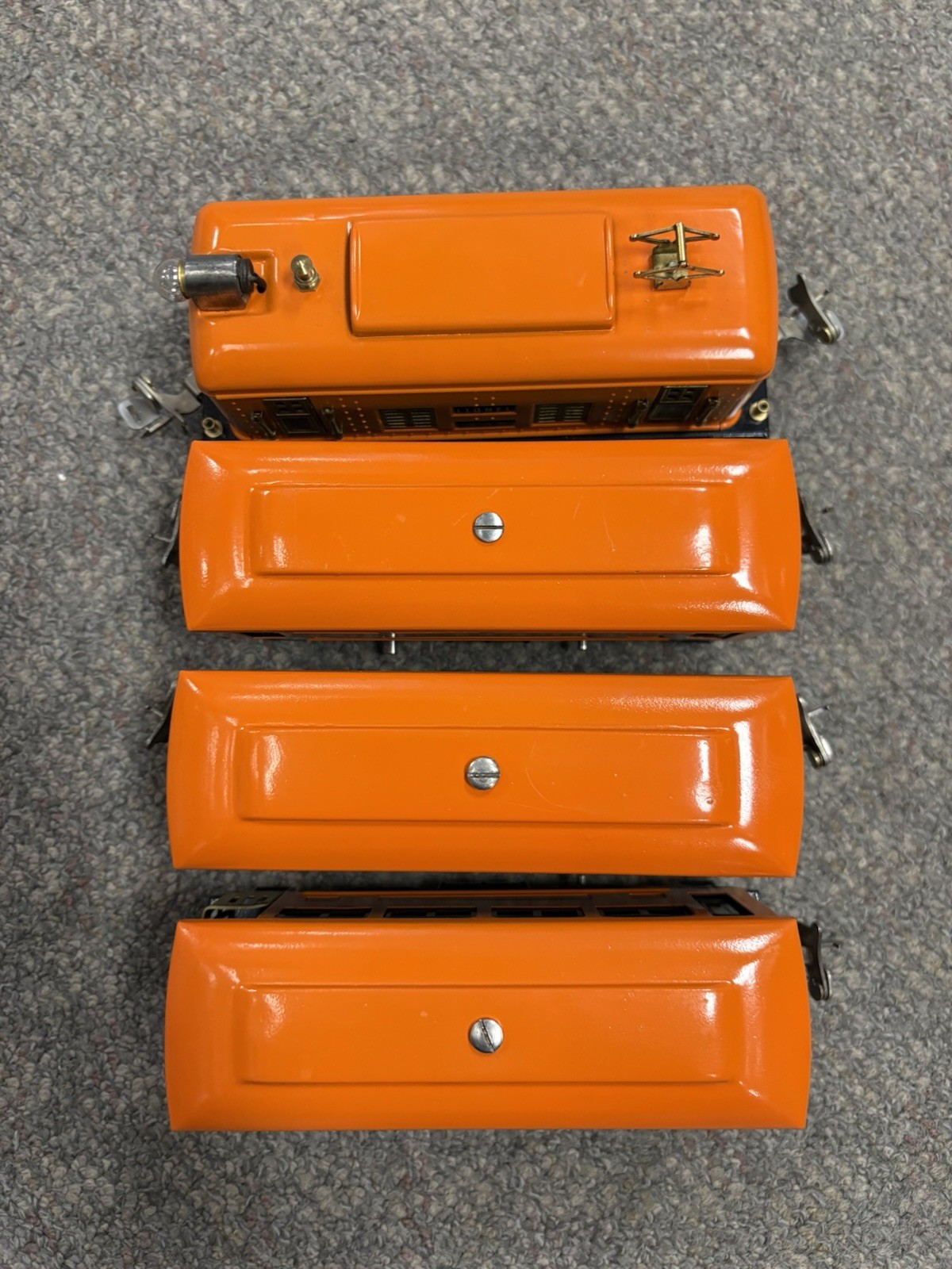 + Lionel Prewar O Tinplate 248 Orange Electric Locomotive 3 Car Passenger Set