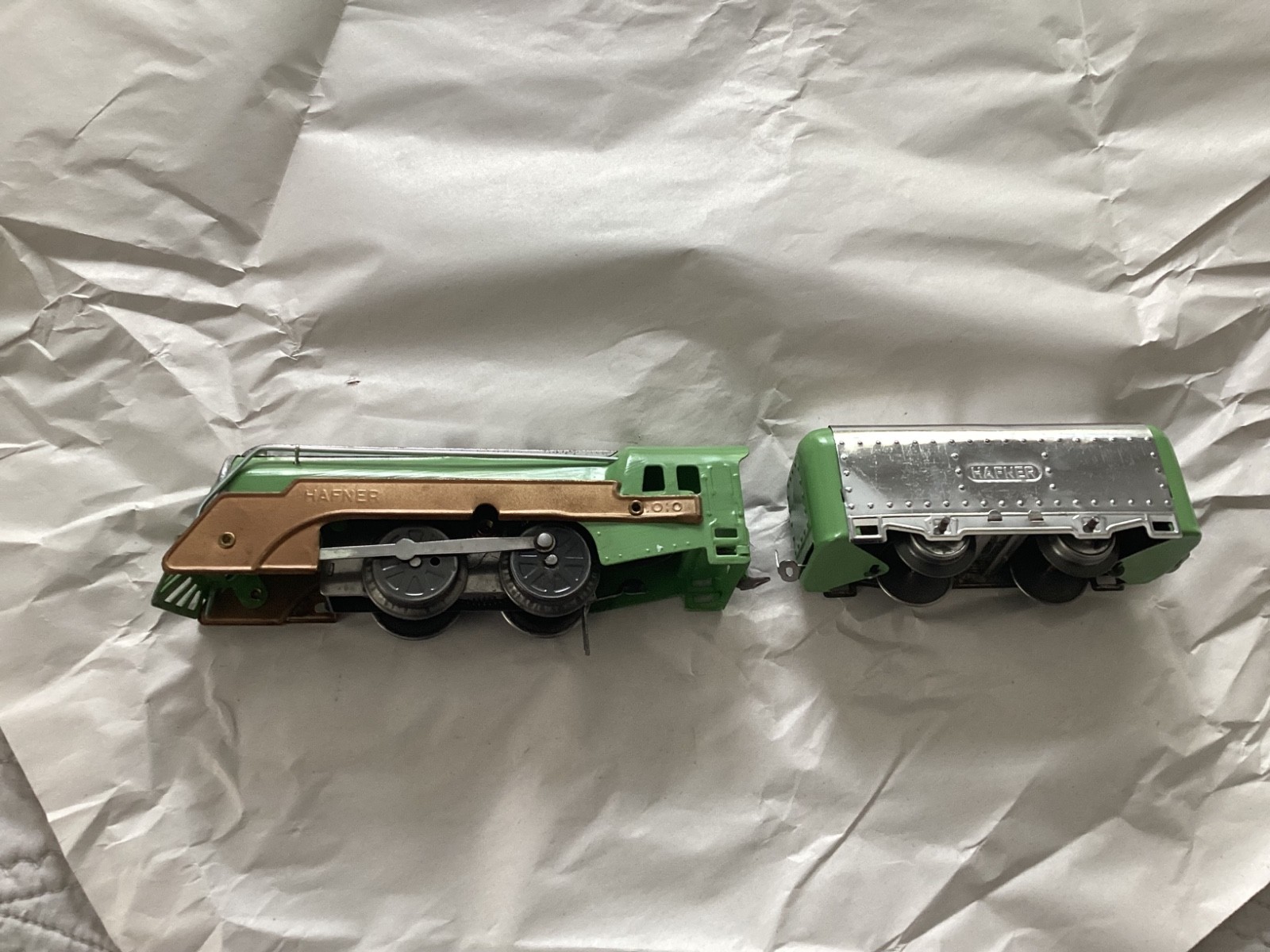 Restored Prewar Green & Chrome Hafner Steam Engine & Tender from 1940s