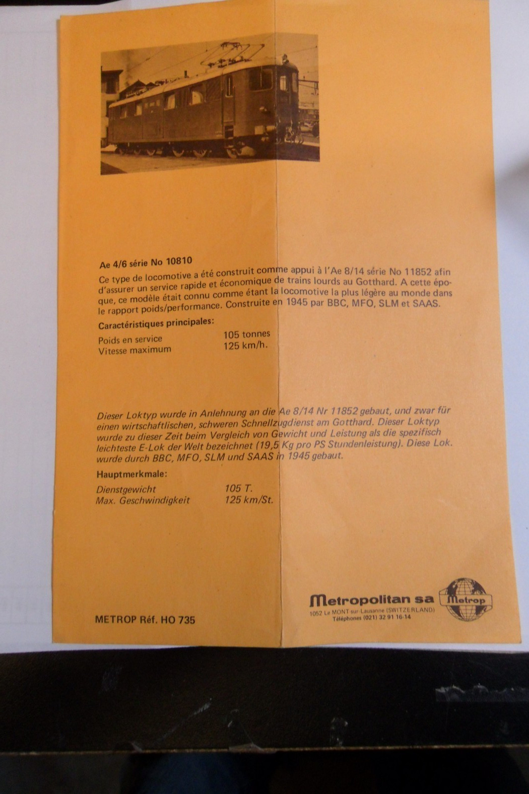 HO Brass Metropolitan Nr. 736 SBB Gotthard Locomotive Ae 4/6 Very Good Condition