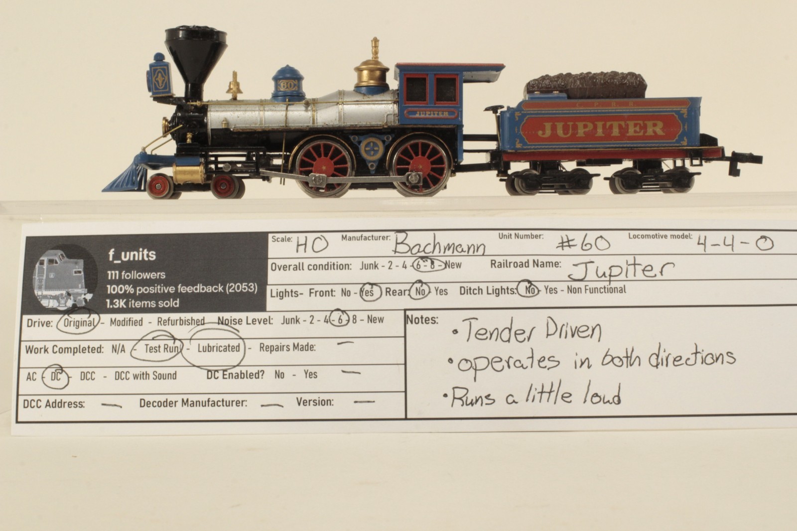 Bachmann HO Scale Jupiter #60 DC 4-4-0 Powered Locomotive